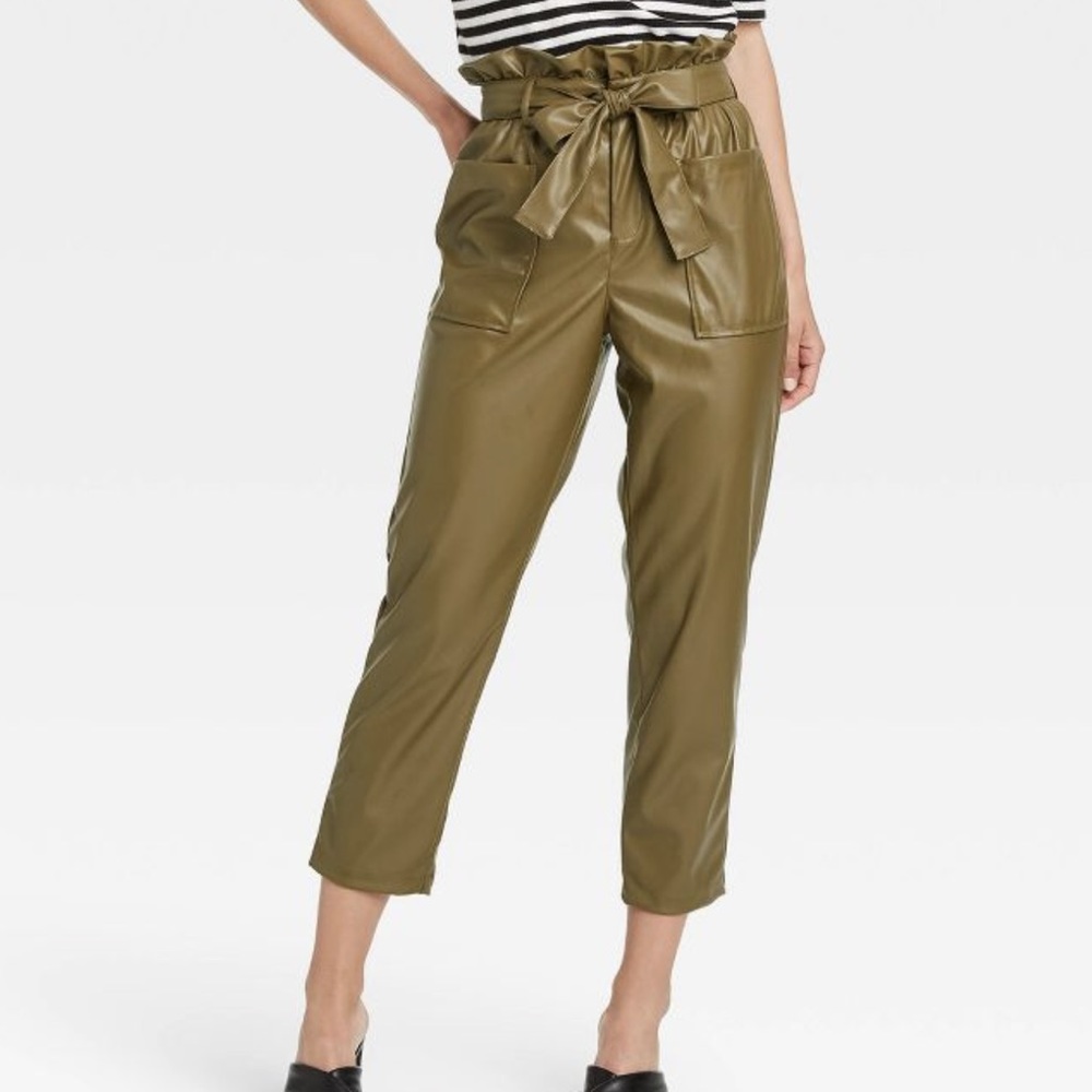 Ankle Length Paper Bag Faux Leather Trousers